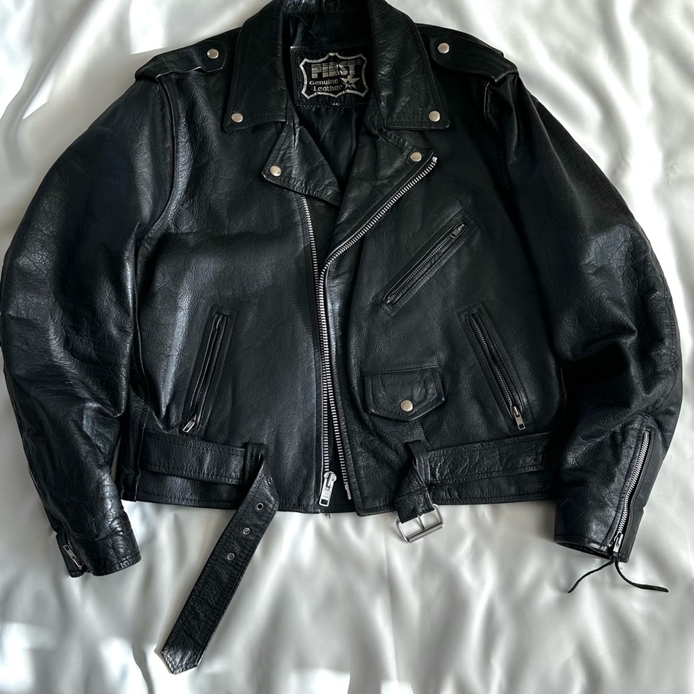 VINTAGE 1980s Black Genuine Leather Biker Jacket Moto Streetwear ~Rare! SZ 46